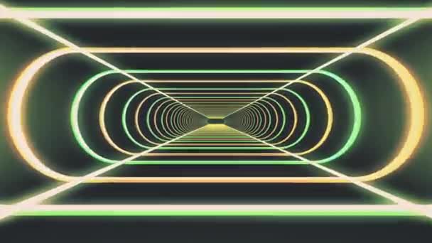 In out flight through neon rib lights abstract cyber tunnel motion graphics animation background new quality retro futuristic vintage style cool nice beautiful vídeo footage — Vídeo de Stock