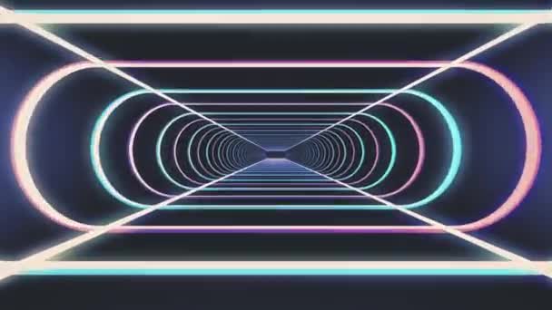 In out flight through neon rib lights abstract cyber tunnel motion graphics animation background new quality retro futuristic vintage style cool nice beautiful vídeo footage — Vídeo de Stock