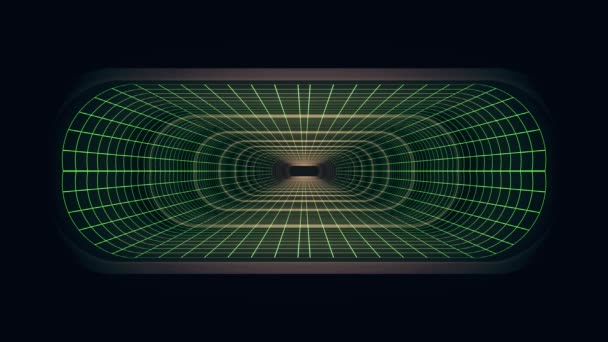 In uit vlucht door Vr neon Green grid blauwe lichten cyber tunnel Hud interface motion graphics animatie achtergrond nieuwe kwaliteit retro-futuristische vintage stijl cool leuke mooie video foota — Stockvideo