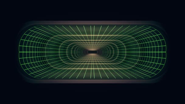 In uit vlucht door Vr neon groene raster groene lichten cyber tunnel Hud interface motion graphics animatie nieuwe kwaliteit retro futuristische vintage achtergrondstijl cool leuke mooie video foota — Stockvideo