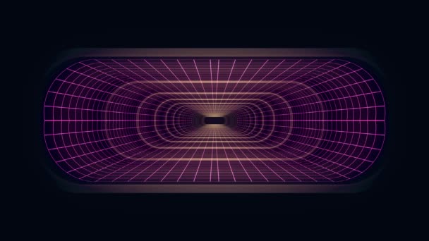 In out flight through VR neon PURPLE grid YELLOW lights cyber tunnel HUD interface motion graphics animation background new quality retro futuristic vintage style cool nice beautiful vídeo foota — Vídeo de Stock