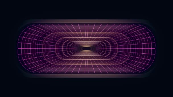 In out flight through VR neon PURPLE grid YELLOW lights cyber tunnel HUD interface motion graphics animation background new quality retro futuristic vintage style cool nice beautiful video foota — Stock Video