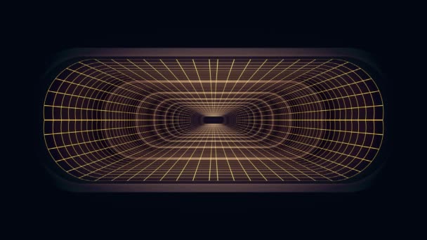 En vuelo a través de VR neón AMARILLO rejilla PURPLE luces túnel cibernético HUD interfaz gráficos de movimiento de fondo de animación nueva calidad futurista vintage estilo fresco agradable hermoso video foota — Vídeo de stock