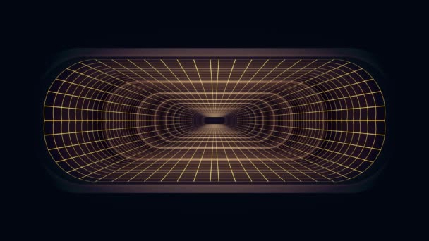 I ut flyg via Vr neon gul lampor grid blå cyber tunnel Hud gränssnitt motion grafik animering bakgrunden nya kvalitet retro futuristisk vintage stil cool trevlig vacker video foota — Stockvideo