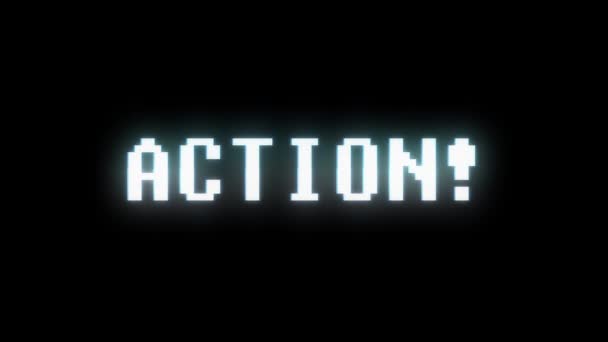 Retro videogame ACTION word text computer old tv glitch interferensi noise screen animation seamless loop Kualitas baru universal vintage motion dynamic background colorful joyful video — Stok Video