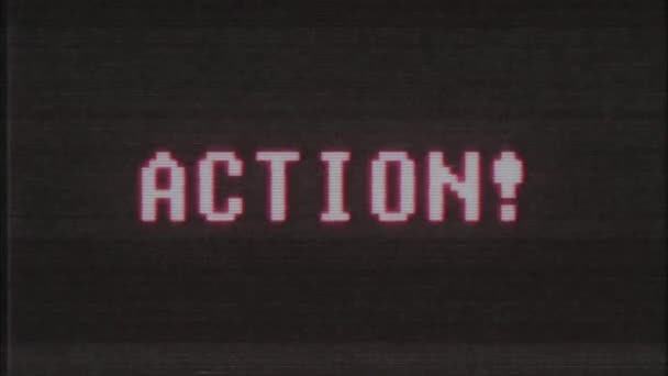 Retro videogame Action word text dator gamla tv glitch störningar buller skärm animation sömlös loop nya universal vintage motion dynamiska animerad bakgrund färgglada joyful videokvalitet — Stockvideo