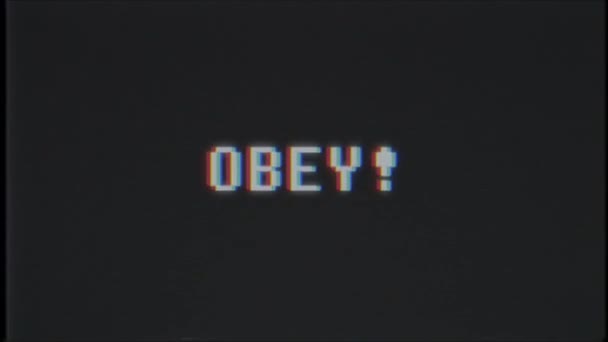 Retro videogame Obey metin bilgisayar eski tv arıza parazit gürültü ekran animasyon sorunsuz döngü yeni kalite evrensel vintage hareketli dinamik animasyonlu arka plan renkli neşeli video — Stok video