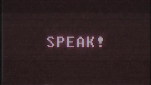 Retro videogame Speak word tekst computer oude tv glitch interferentie lawaai scherm animatie naadloze loops nieuwe universele vintage beweging dynamische geanimeerde achtergrond kleurrijke vrolijke videokwaliteit — Stockvideo