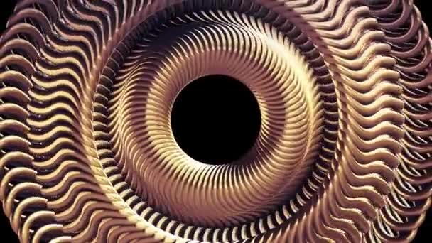 Vloeistof verplaatst roterende gouden metalen ketting oog cirkels naadloze loops animatie 3d motie grafische achtergrond nieuwe kwaliteit industriële techno bouw futuristisch cool leuke vrolijke videobeelden — Stockvideo