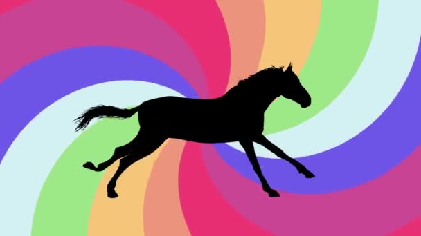 Negro caballo corriendo silueta en arco iris espiral fondo nueva calidad animación única dinámica alegre 4k video stock metraje — Vídeos de Stock
