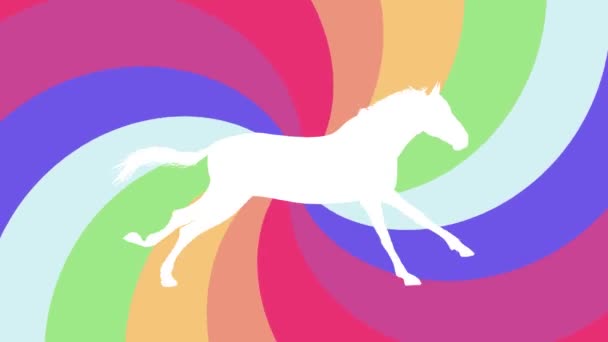 Blanco caballo corriendo silueta en arco iris espiral fondo nueva calidad animación única dinámica alegre 4k video stock metraje — Vídeo de stock