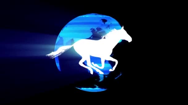 White light horse running silhouette on digital globe earth background seamless loop new quality unique animation dynamic joyful 4k video stock footage — Stock video