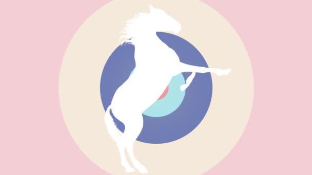 Белый конь скачущий силуэт на фоне цветных кругов новое качество уникальная анимация динамика радостный 4k видео материал — стоковое видео