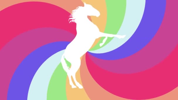 White horse prancing silhouette on rainbow spiral background new quality unique animation dynamic joyful 4k video stock footage — Stok Video