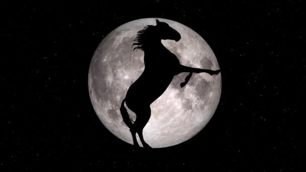 Black horse prancing silhouette on full moon background loop new quality unique animation dynamic joyful 4k video stock footage — Stock Video