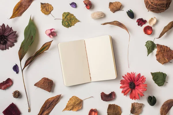Autumn background: composition of fallen leaves, dried plants and flowers on white with small notebook with yellow paper. Top view. Flat lay.