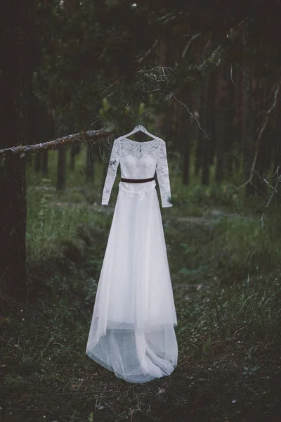 Robe Mariée Suspendue Dans Forêt — Photo