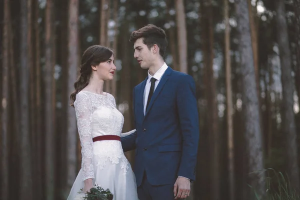 Couple Marié Posant Sur Pré Forestier — Photo