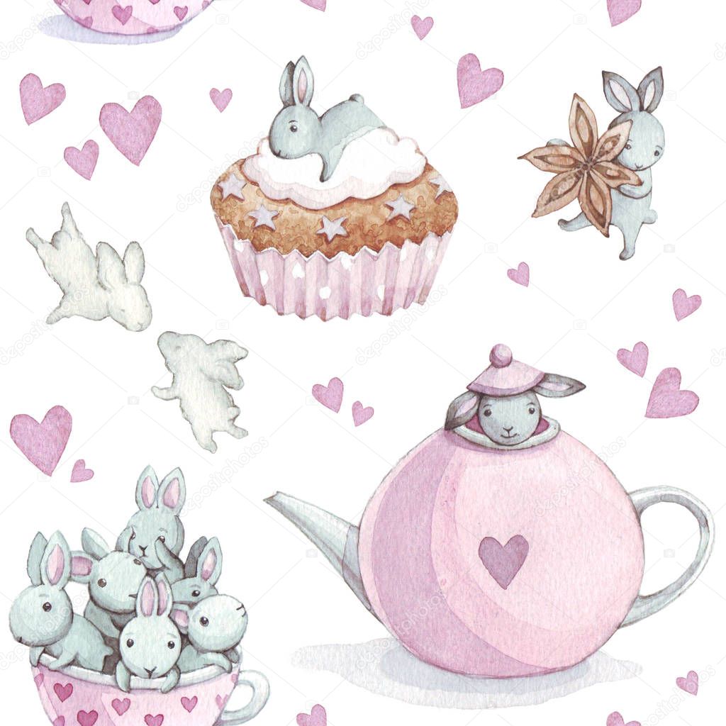 Cute Bunny. Seamless Pattern with rabbit. Watercolor background