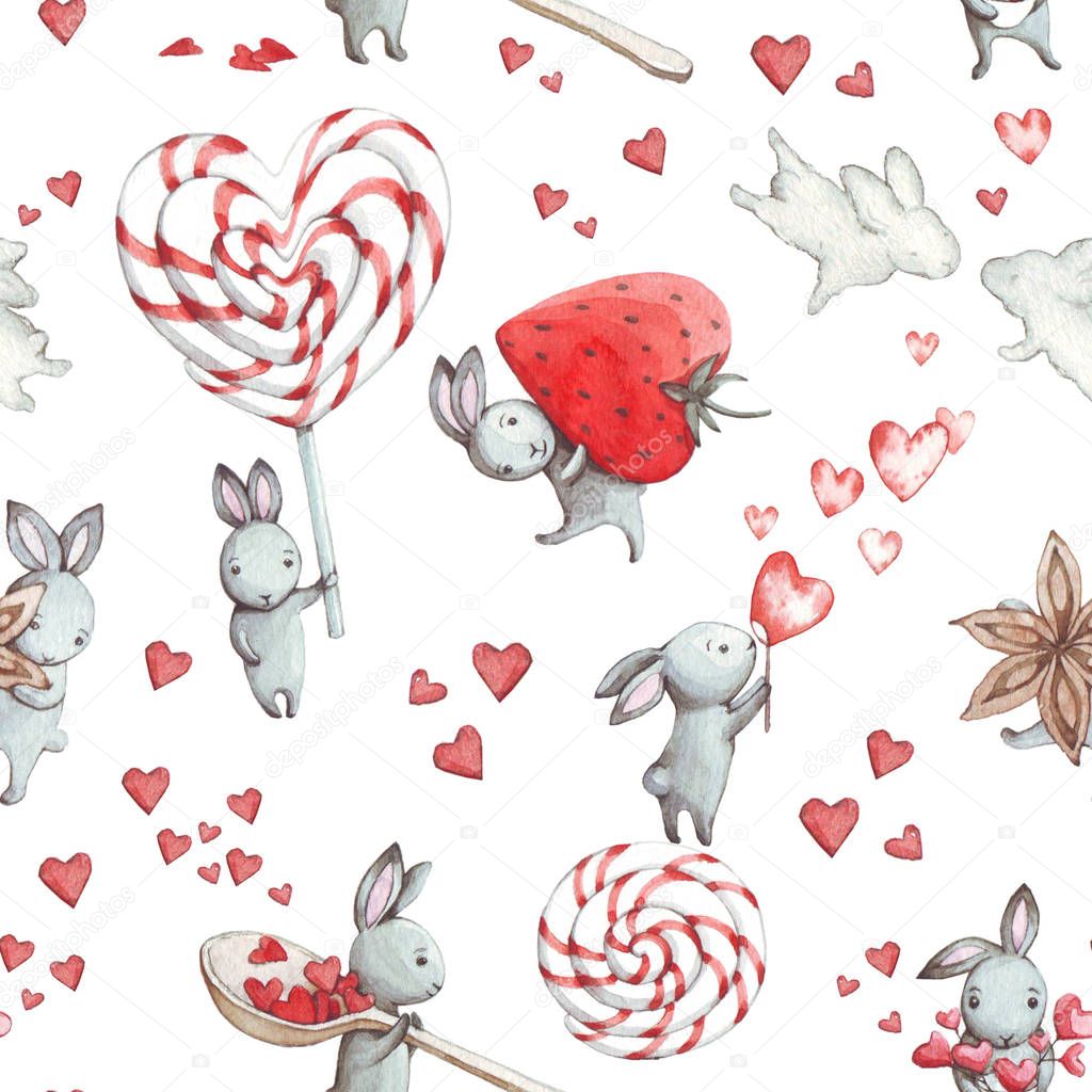 Cute Bunny. Seamless Pattern with rabbit. Watercolor background