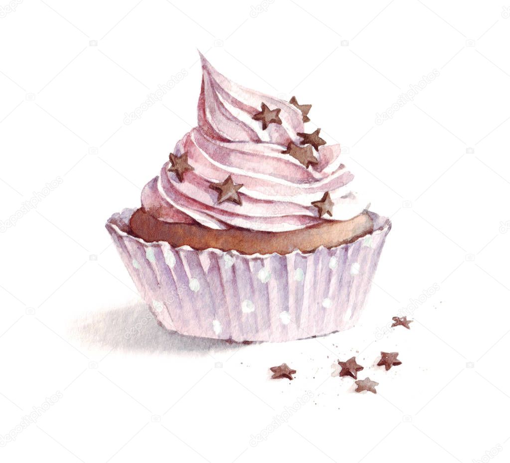 Watercolor Strawberry Cupcake with Chocolate Powder, hand drawn delicious food illustration, isolated on white background.