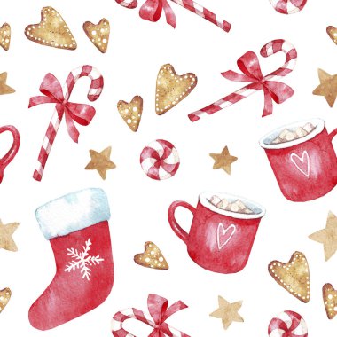 Noel dekoru, zencefilli kurabiye, kırmızı Noel çorabı, şeker, içinde gümüş çanlar olan şekerleme kupası. Kusursuz desen. Suluboya seti beyaz arkaplanda izole edildi.