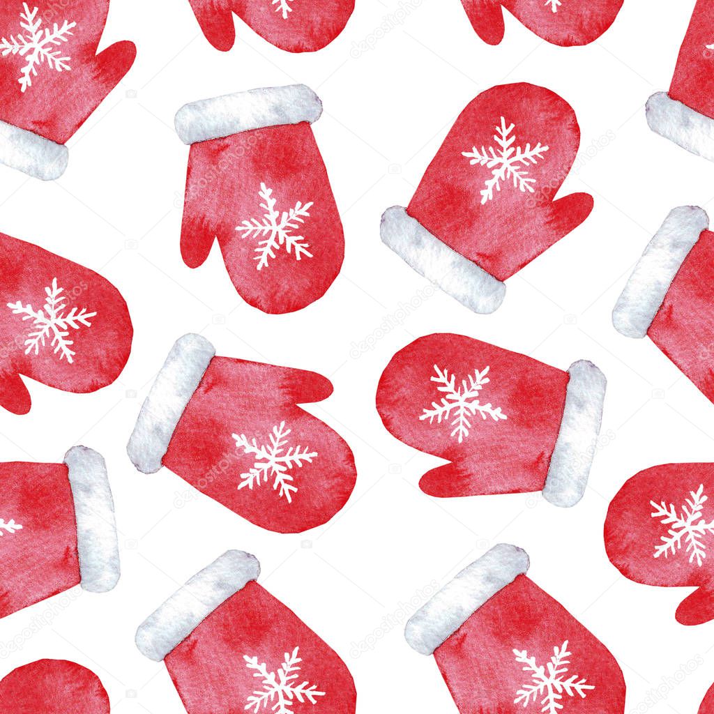 Hand drawn Christmas seamless pattern with red mittens on white background. It is ideal for wrapping, scrapbooking paper, decoration, packaging and design in preparation for the New Year. Watercolor. 