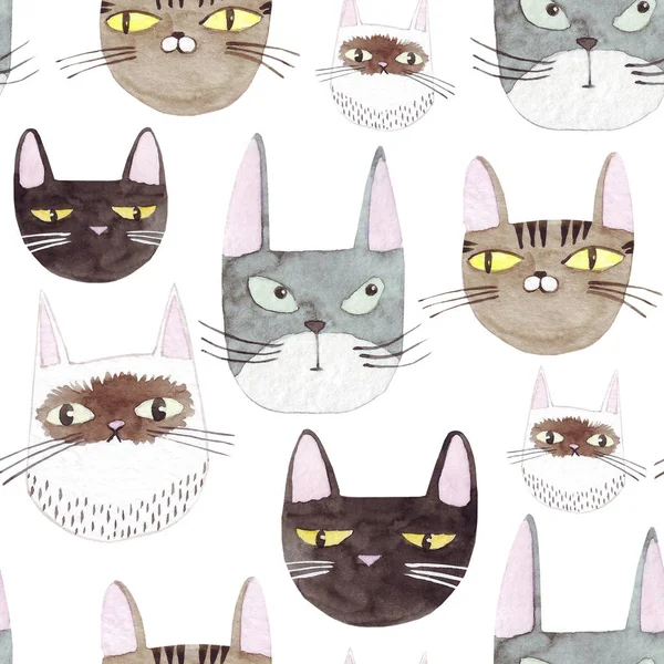 Seamless  pattern of cute cats .  Watercolor background with cat heads. Hand drawn illustration. Painted backdrop. Cloth pattern. Cat, kitten, head.