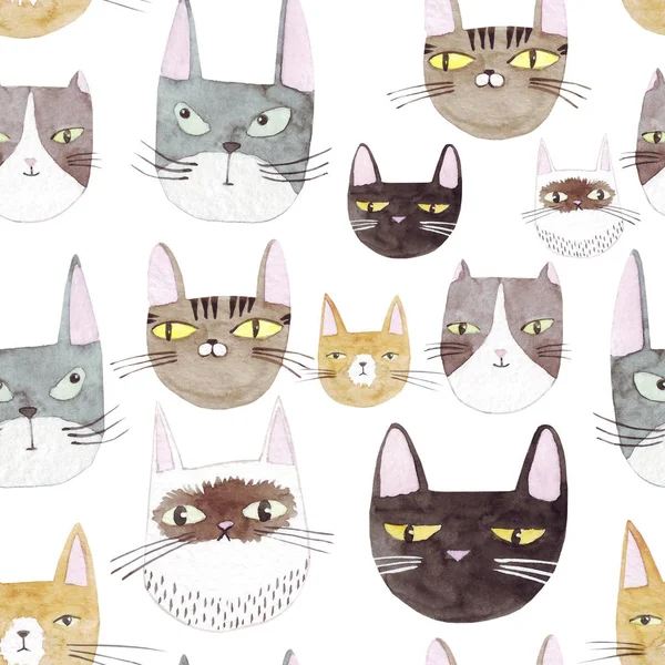 Seamless  pattern of cute cats .  Watercolor background with cat heads. Hand drawn illustration. Painted backdrop. Cloth pattern. Cat, kitten, head.