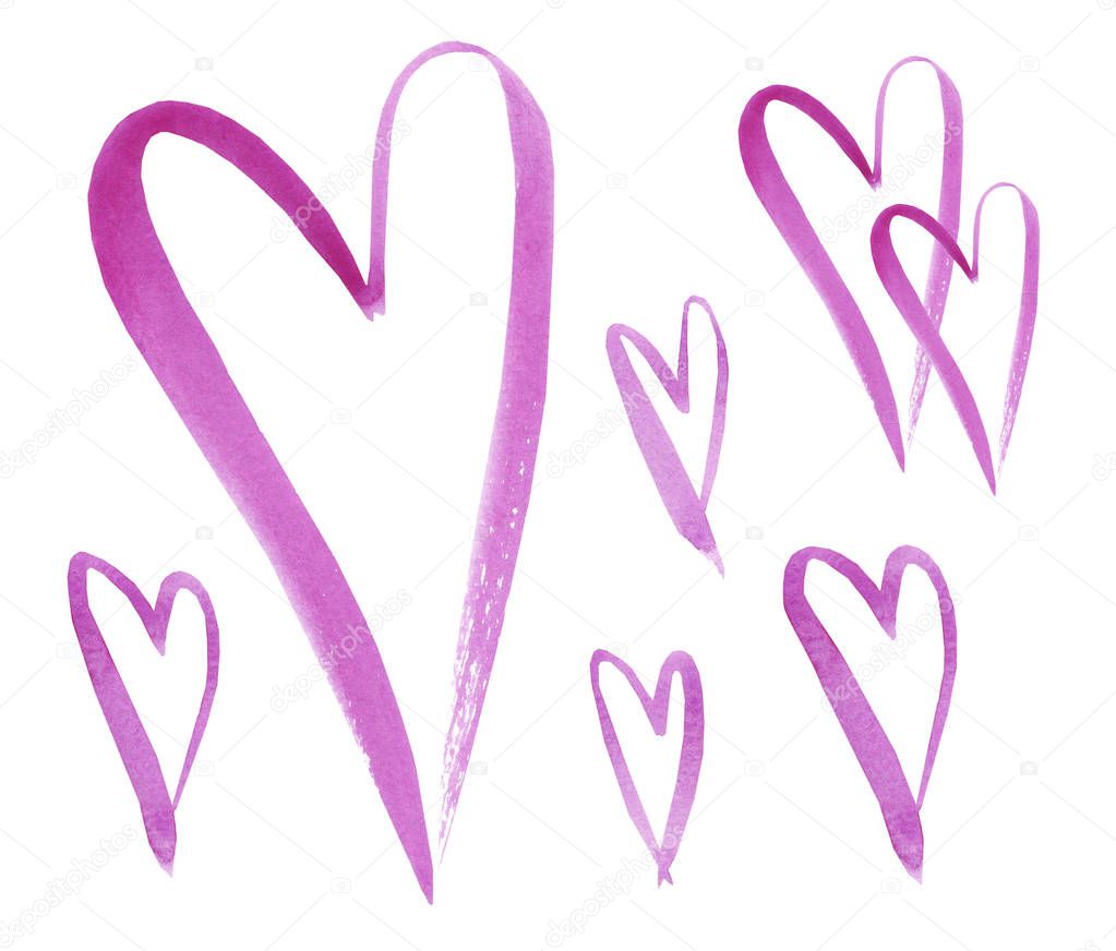 Set of watercolor pink hearts isolated on white background. Hand drawn hearts painted with brush. Sketch romantic love hearts. Decorative design elements for Valentine's Day.