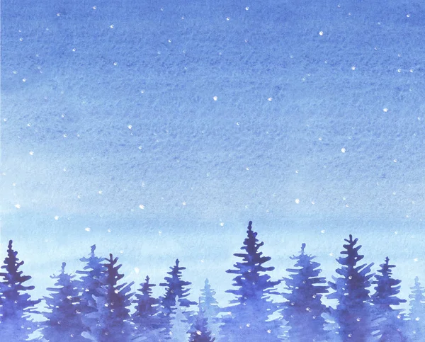 Тёмно Голубые Силуэты Стройных Елок Рисунок Акварелью Зимним Лесом Зимний — стоковое фото