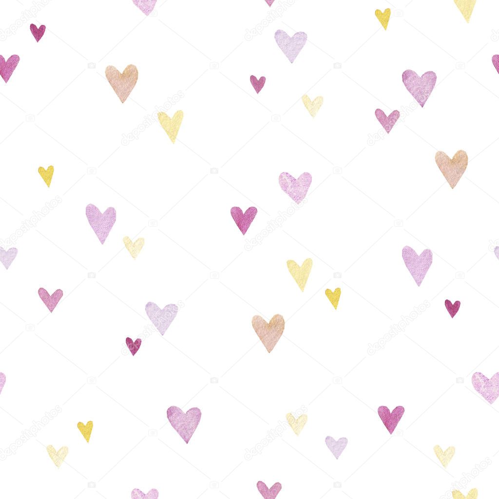 Beautiful watercolor hearts background. Cute pink heart seamless pattern. Colorful watercolor romantic texture for packaging, wallpaper. Valentine's day, pattern with hearts, wedding. 