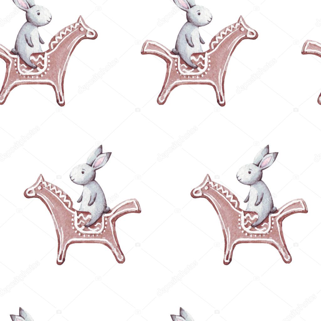 Cute Bunny. Gingerbead horse. Seamless Pattern with rabbit. Cute animals. Christmas pattern. Hand drawn isolated on a white watercolor background.