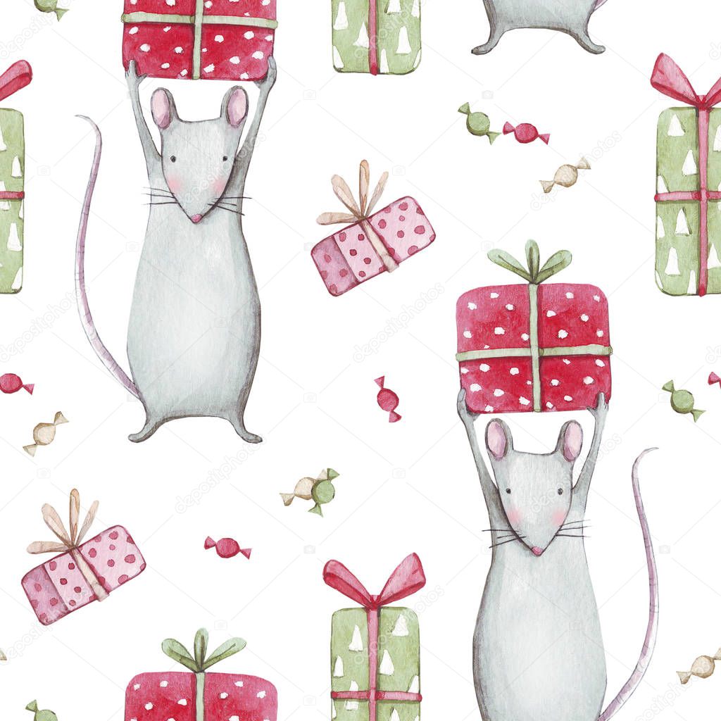 Cute gray mouse or rat 2020. Merry Christmas seamless pattern with watercolor illustration of a baby mice animals with sweet candies, a symbol of 2020 a white background. Winter new year design.