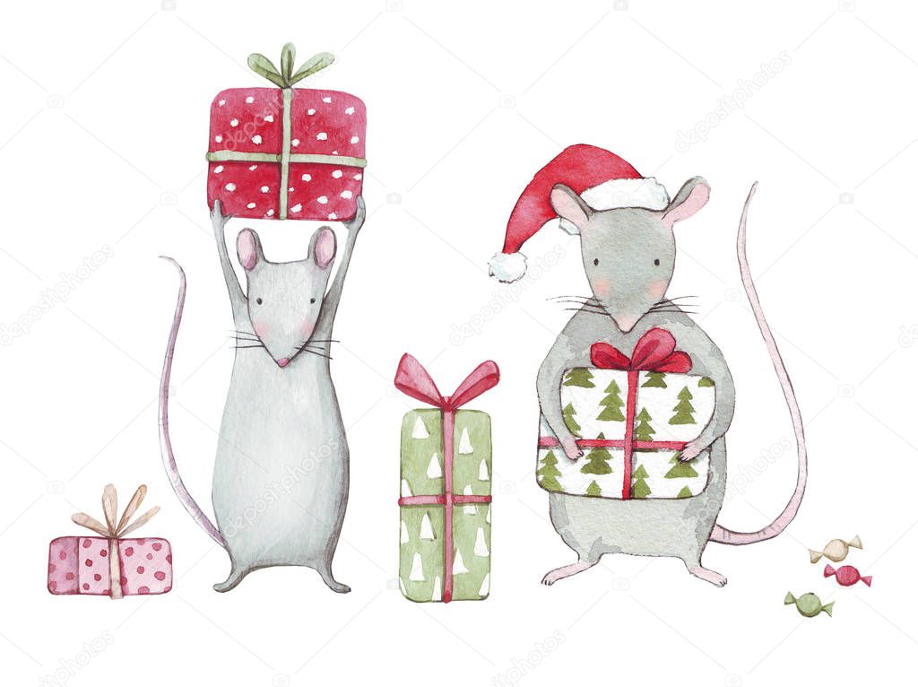 Cute set of watercolor hand drawn christmas rats for making cards, wrapping paper and scrapbooking. New Year's mice, Christmas gifts, Santa Claus hat, candies for your own design.