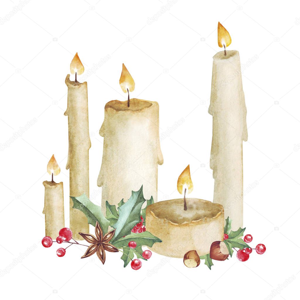 Hand drawn watercolor Christmas composition. Christmas decorations of candles, red berries, anise star and various elements of the new year and Christmas.