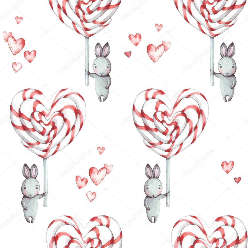 Cute seamless pattern with bunnies (rabbits) and sweet candies in the shape of a heart. Watercolor illustration for design cards, fabric for Valentines day, congratulations, Happy Birthday.