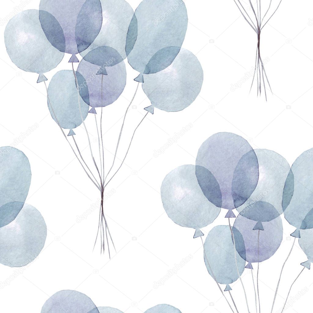 Hand drawn seamless pattern with watercolor balloons. Watercolor illustration. It can be used for wallpaper, fabric design, textile design, cover, wrapping paper, banner, card, background,