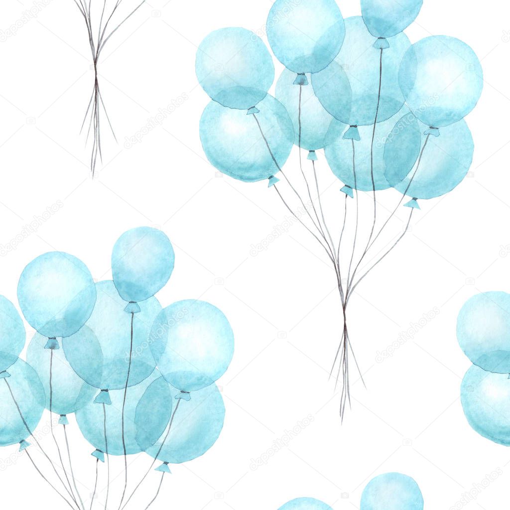 Hand drawn seamless pattern with watercolor blue balloons. Watercolor illustration. It can be used for wallpaper, fabric design, textile design, cover, wrapping paper, banner, card, background,