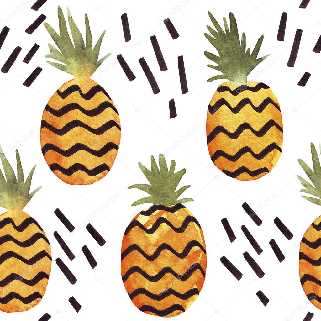 Hand drawn watercolor seamless pattern fruits pineapples on blue background. Hand painted tropical summer wallpaper. Cute hawaiian yellow pineapples.Summer bright background perfect for fabric textile