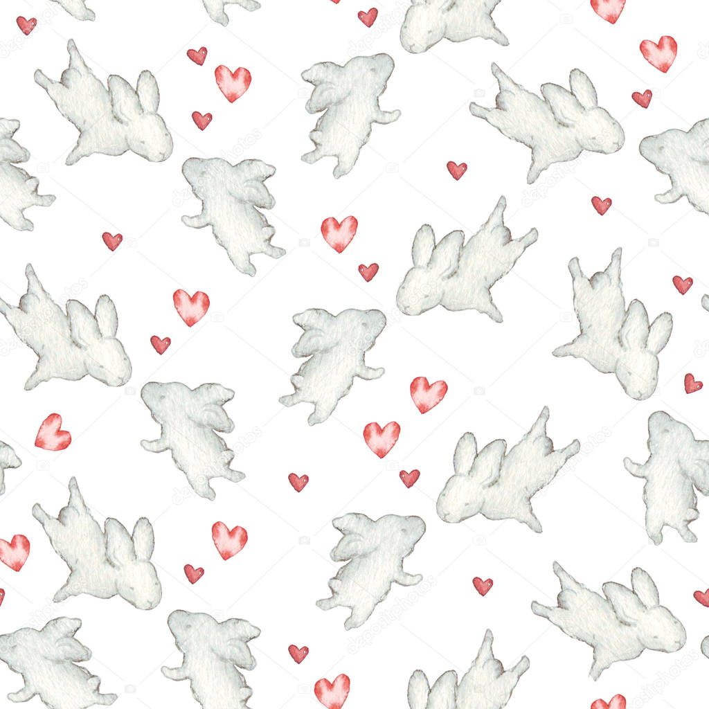 Cute Bunny. Seamless Pattern with rabbit. Funny cartoon characters with hearts isolated on a white background. Watercolor illustration for a print, postcard, poster for Valentine's day, February 14. 