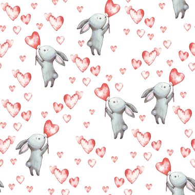 Şirin Tavşan. Tavşanlı kusursuz desen. Kalpleri beyaz arka planda olan komik çizgi film karakterleri. Bir baskı, kartpostal ve 14 Şubat Sevgililer Günü posteri için suluboya çizimi. 