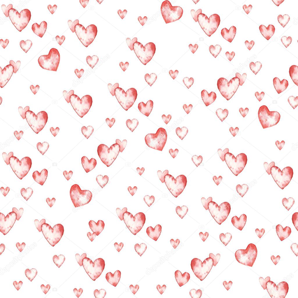 Artistic seamless pattern with watercolor hand drawn hearts isolated on white background. Paint drawing. Good for Valentine day card design, package paper. Love and romantic theme.