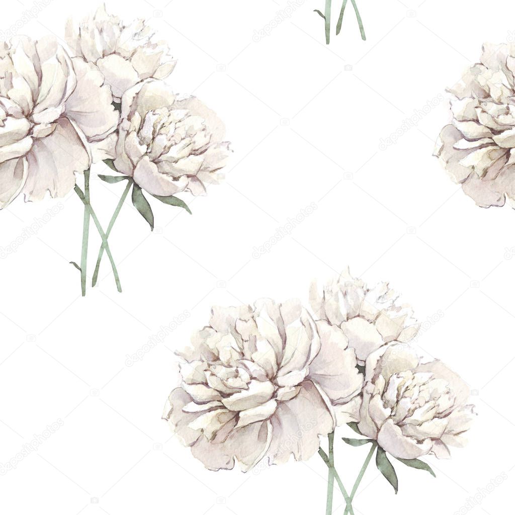 Beautiful hand-drawn bouquet of white peonies and green leaves. Peony seamless pattern.Floral background. Endless pattern of flowers. Watercolor illustration.For backgrounds, textiles, wrapping papers, greeting cards.