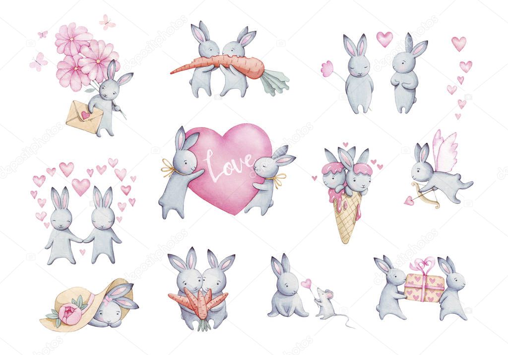 Cute rabbits Watercolor Set Flat Illustration. Isolated  Baby Bunny Collection. Pretty Little Hare Character Cartoon Style. Drawn Fluffy Lapin Print Design. Valentines Day. Spring drawing.