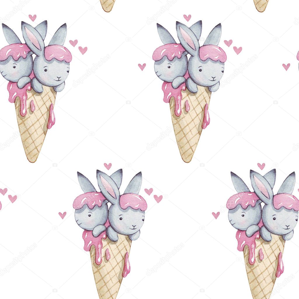 Cute pink watercolor seamless pattern. Beautiful wallpaper with fantasy bunneis cartoon animals with sweet ice cream on white background. Hand drawn vintage texture. For textile, print.