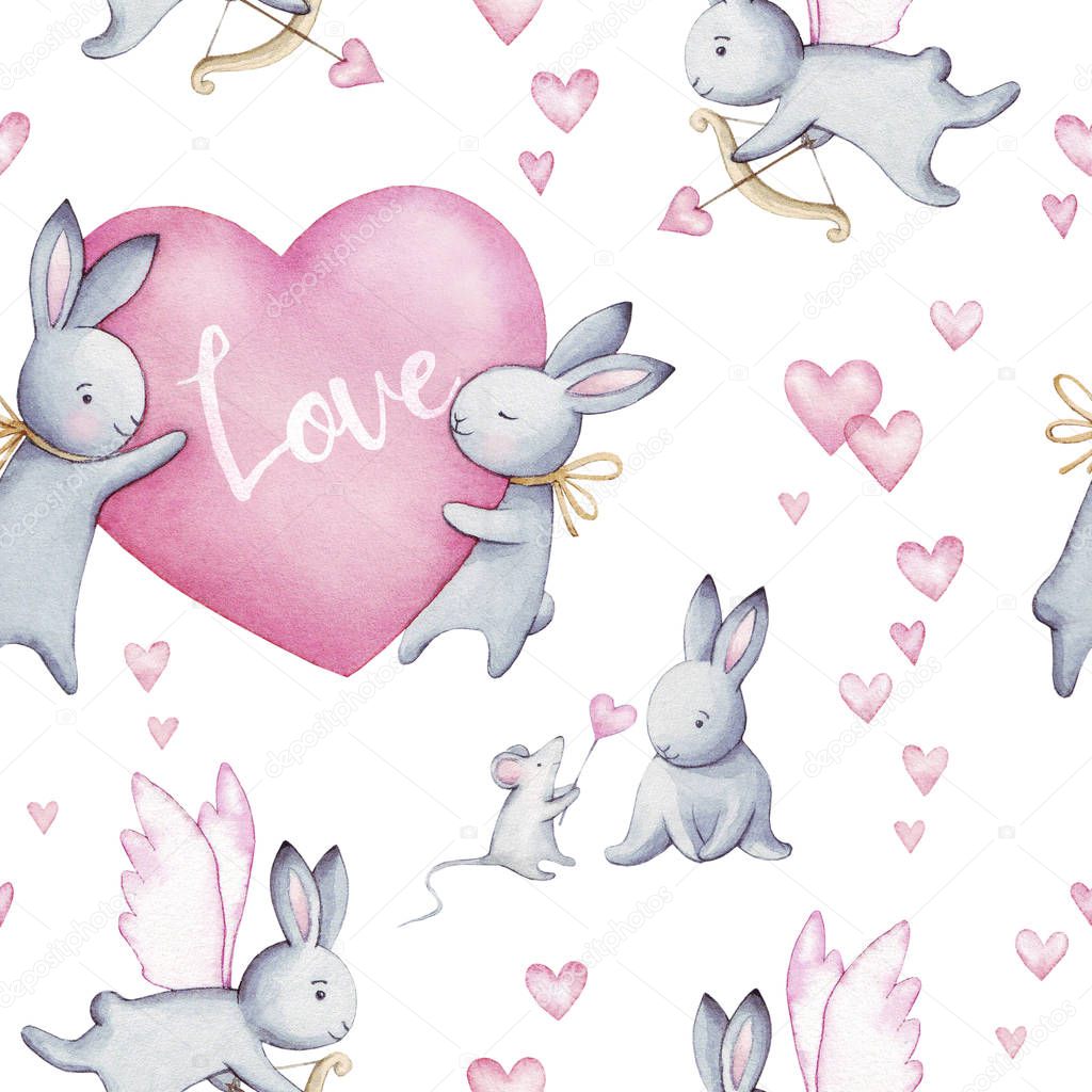 Watercolor seamless pattern. Wallpaper with fantasy bunneis cartoon animals on white background. Hand drawn vintage texture.  Image for cases design, nursery posters, postcards. Valentines day.