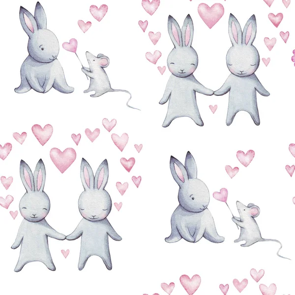 Cute illustration for greeting card or any design for Valentine\'s. Beautiful  watercolor illustration of bunny in love, seamless pattern. Beloved sweet couple. Greeting card for wedding. Love you.