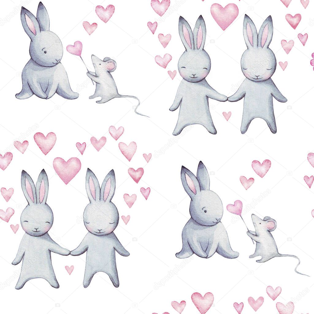 Cute illustration for greeting card or any design for Valentine's. Beautiful  watercolor illustration of bunny in love, seamless pattern. Beloved sweet couple. Greeting card for wedding. Love you. 