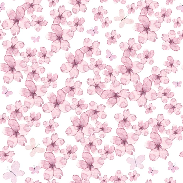 Carino Dipinto Mano Acquerello Modello Senza Soluzione Continuità Fiori Rosa — Foto Stock
